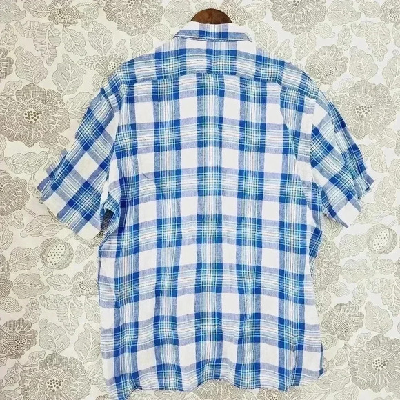 Toscana Firenze 100% Linen Button down Short sleeve Plaid Men's Shirt XL 7057 - Picture 2 of 8